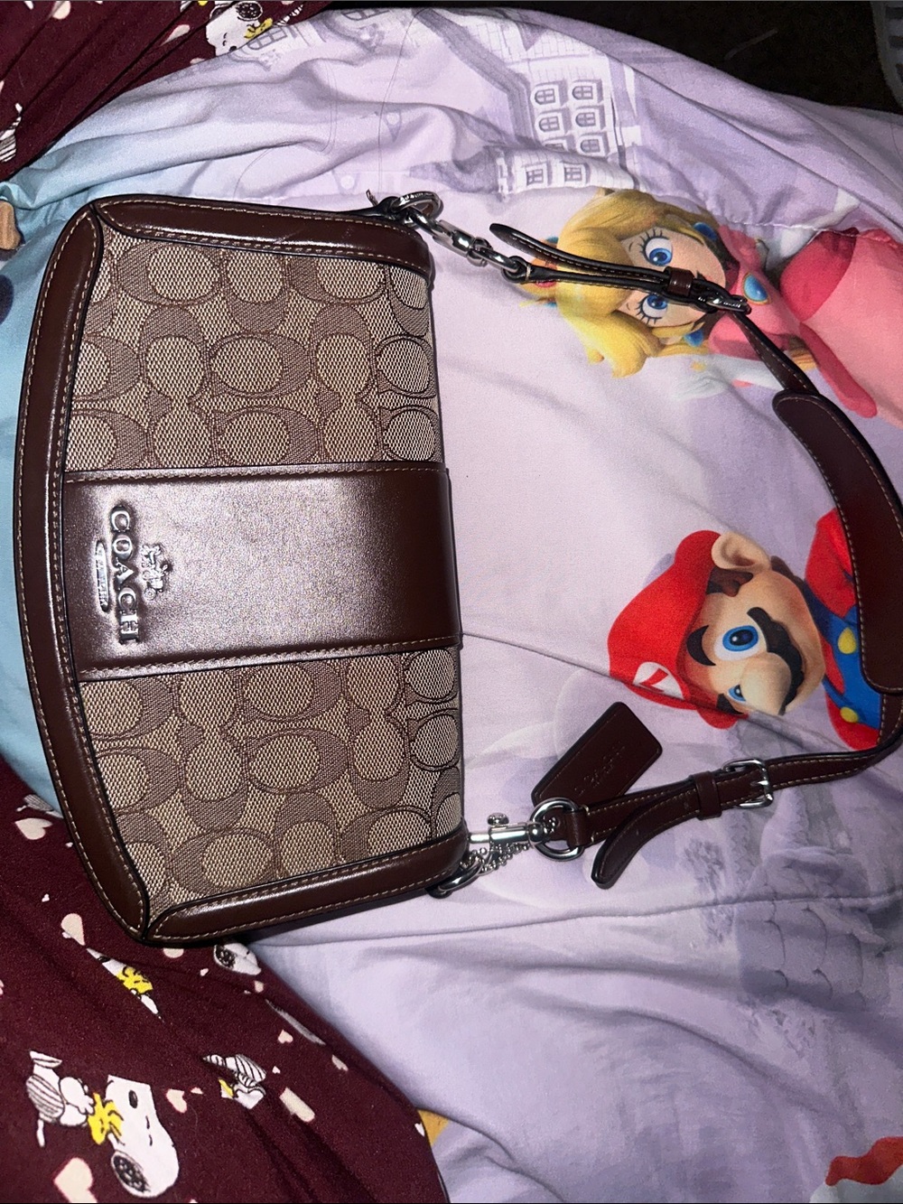 Coach Brown Signature Canvas Logo Shoulder Bag with Chocolate Leather Trim